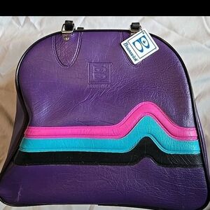Vintage Purple Vinyl Brunswick Single Ball Bowling Bag w/ Rack 80's w/ Name Tag